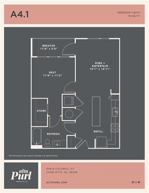 Floor plan for 1 bed, 1 bath, 714 sqft